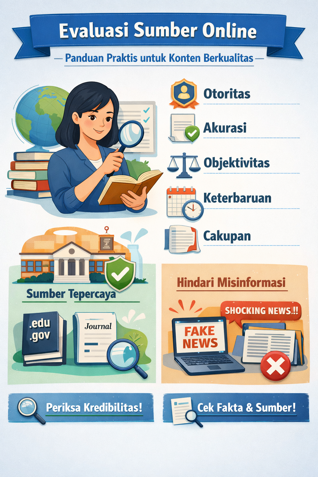 Ilustrasi infografis evaluasi sumber online yang menampilkan seorang wanita memeriksa informasi dengan kaca pembesar, dilengkapi poin penting seperti otoritas, akurasi, objektivitas, keterbaruan, dan cakupan, serta contoh sumber terpercaya dan peringatan terhadap berita palsu.